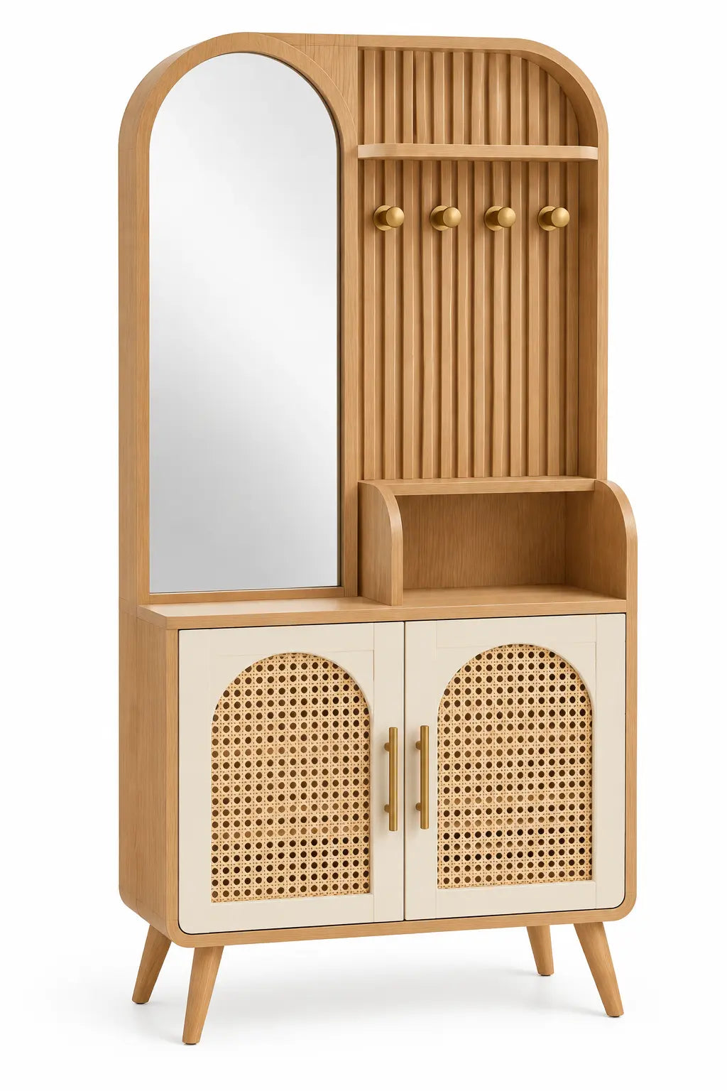 Mobile appendiabiti, specchio, ganci e ante intrecciate inferiori, marrone/beige