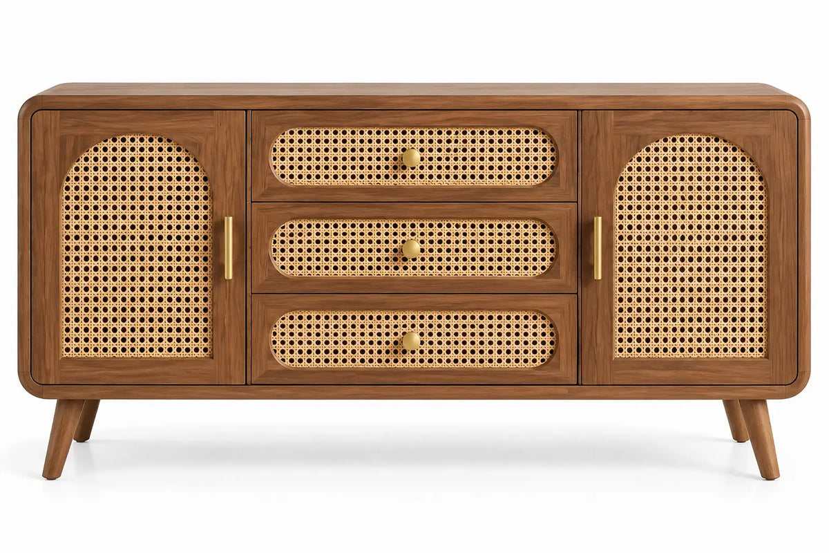 Credenza, ante e cassetti con frontali intrecciati, marrone