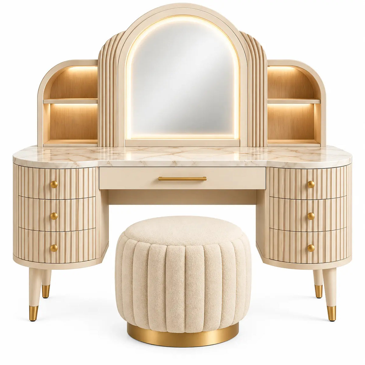 Mobile da toeletta con specchio, specchio arcuato e sgabello rotondo, beige/oro