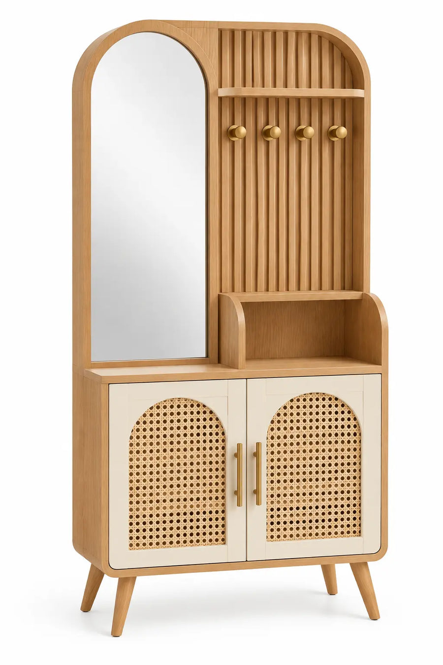 Mobile appendiabiti, specchio, ganci e ante intrecciate inferiori, marrone/beige
