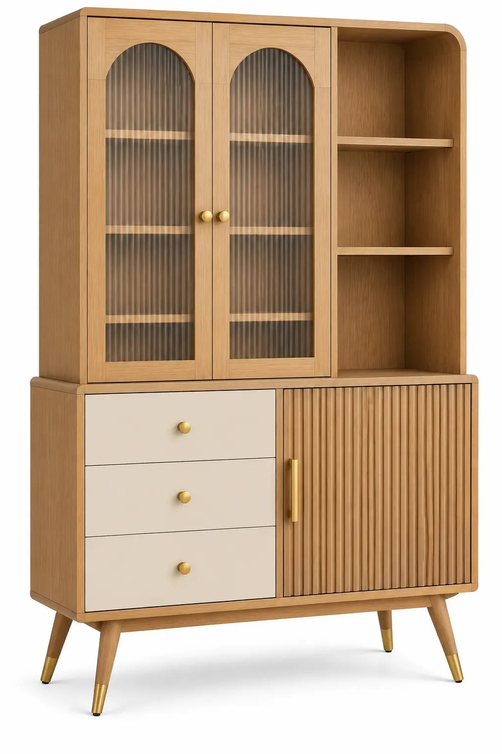 Vetrina, ante vetrate, ripiani laterali e cassetti, marrone/beige