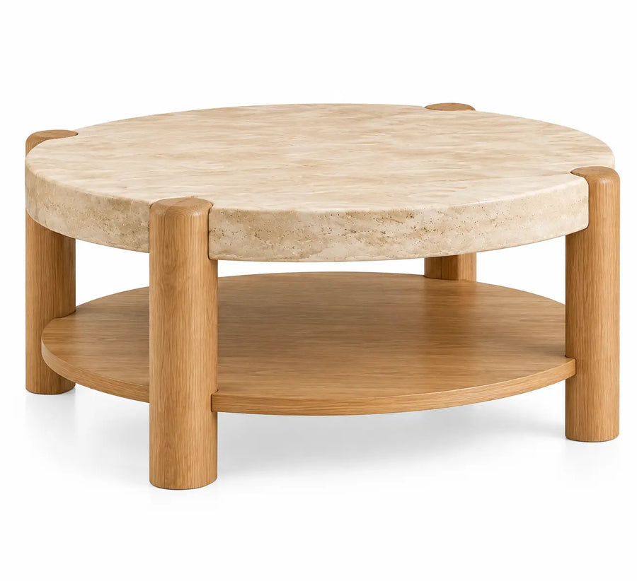 Tavolino da salotto, piano rotondo e ripiano inferiore, marrone/beige
