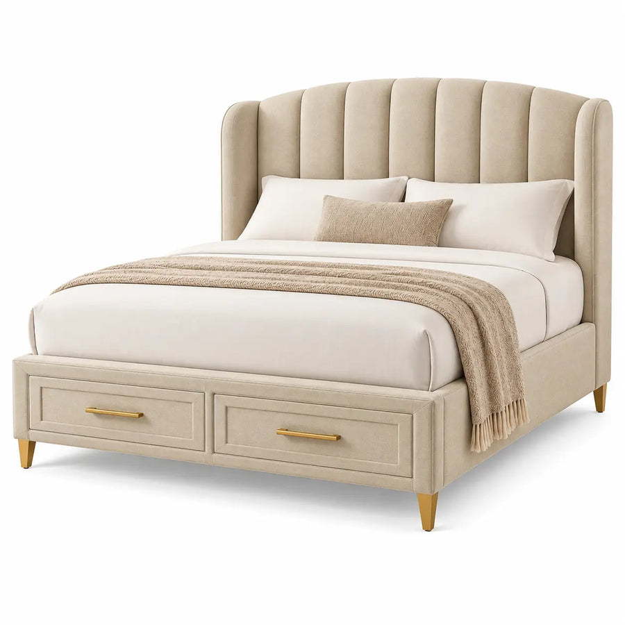 Struttura letto con testiera, testiera a fasce e cassetti frontali, beige