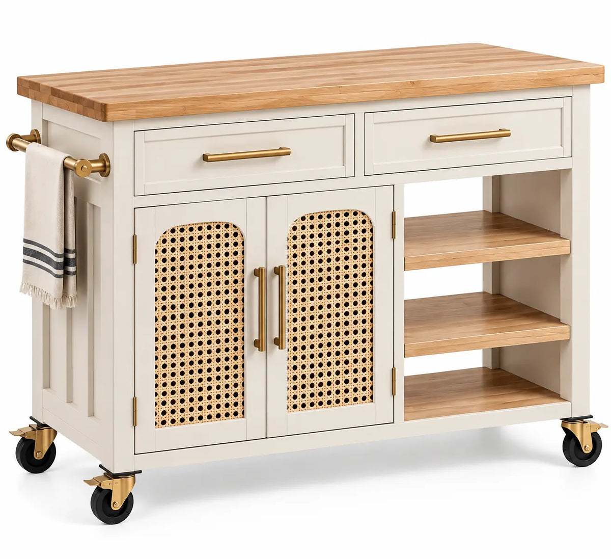 Carrello da cucina, ante intrecciate, ripiani laterali e ruote, beige/marrone