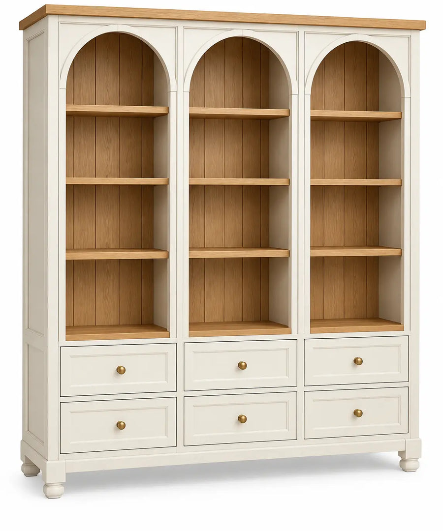 Libreria, tre sezioni ad arco e cassetti inferiori, beige/marrone