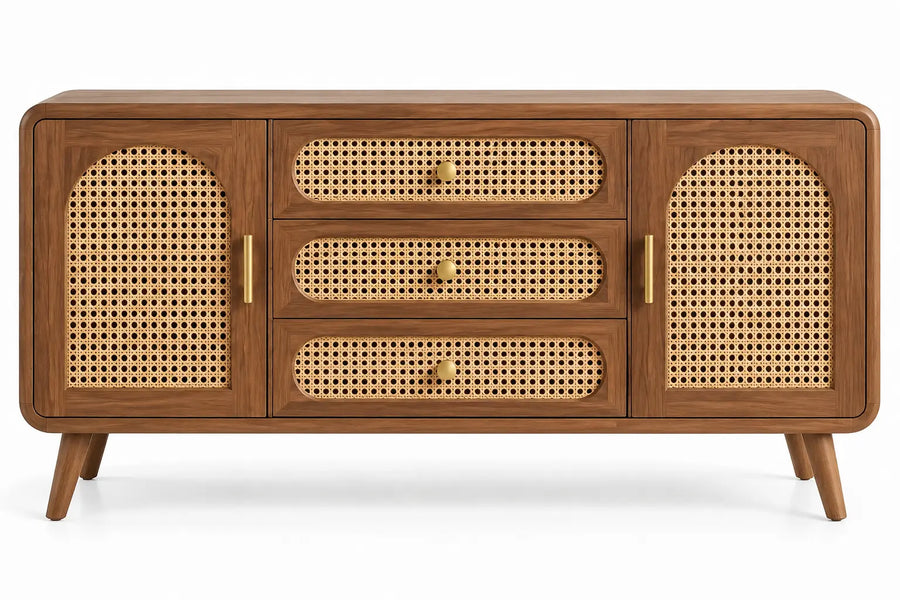 Credenza, ante e cassetti con frontali intrecciati, marrone