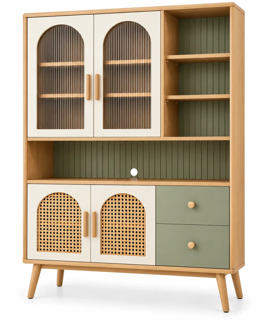 Vetrina, ante vetrate, ripiani laterali e cassetti, marrone/beige/verde